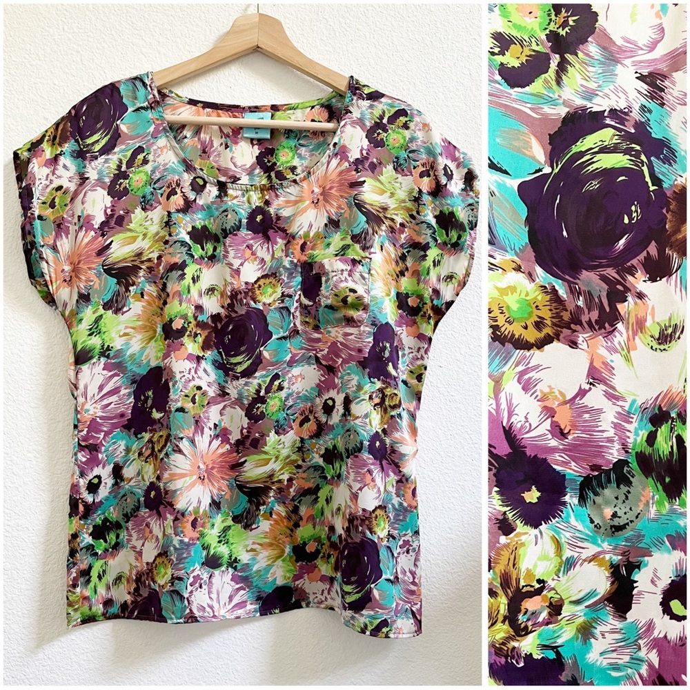 Floral Print Short Sleeve Cap Sleeve Dolman Sleeve Top Size Medium